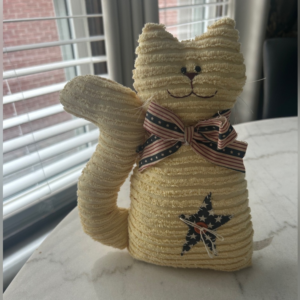 Whimsical Yellow Chenile Cat Decor with Striped Bow